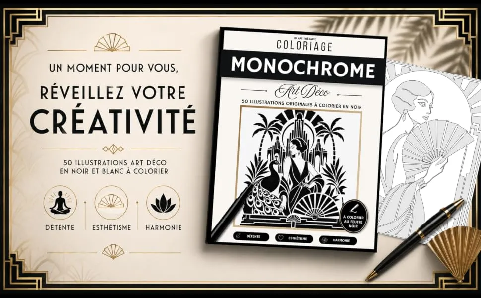 Coloriage Monochrome Art Déco : mise en scène du livre, visuel 1