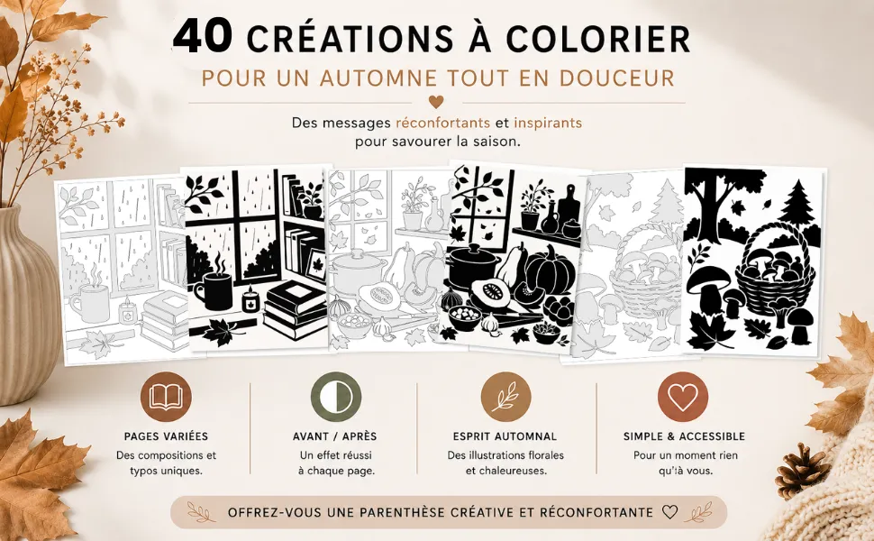 Coloriage Monochrome Automne Cosy : mise en scène du livre, visuel 2