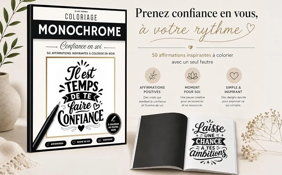 Coloriage Monochrome Confiance en soi : mise en scène du livre, visuel 1