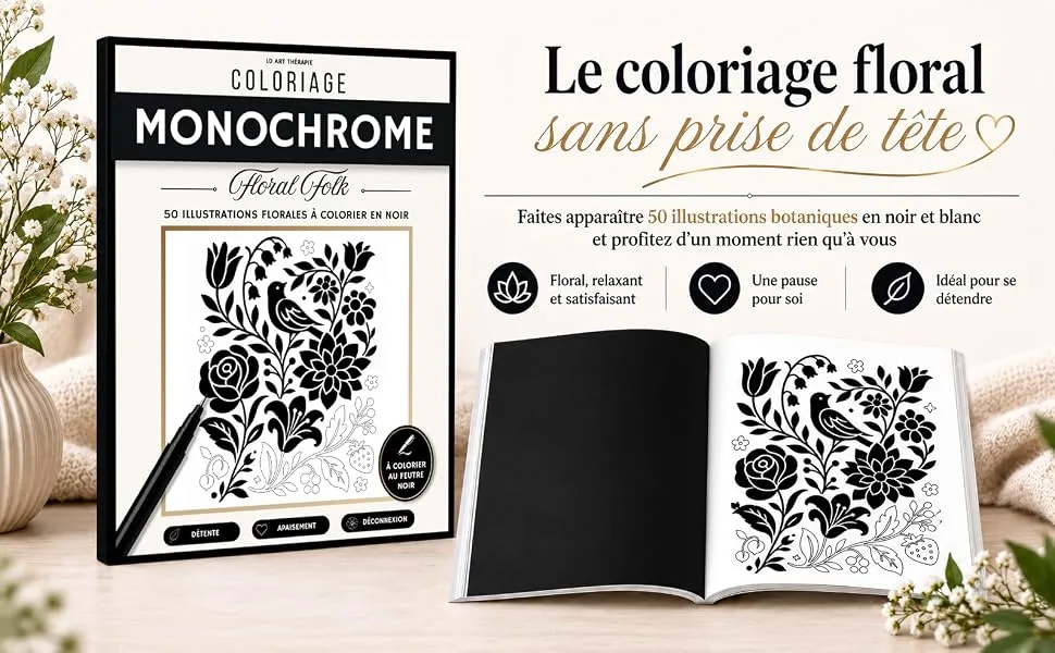 Coloriage Monochrome Floral Folk : mise en scène du livre, visuel 1