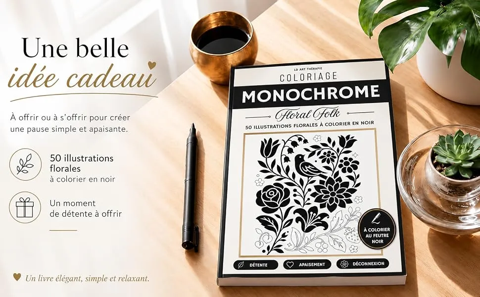 Coloriage Monochrome Floral Folk : mise en scène du livre, visuel 3