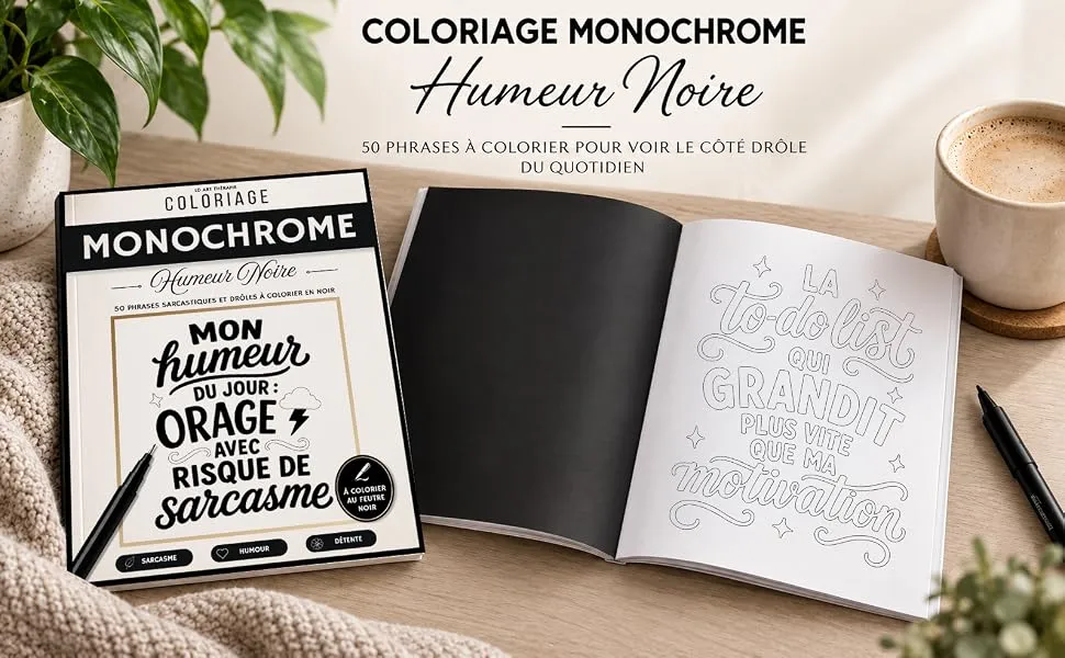 Coloriage Monochrome Humeur Noire : mise en scène du livre, visuel 1
